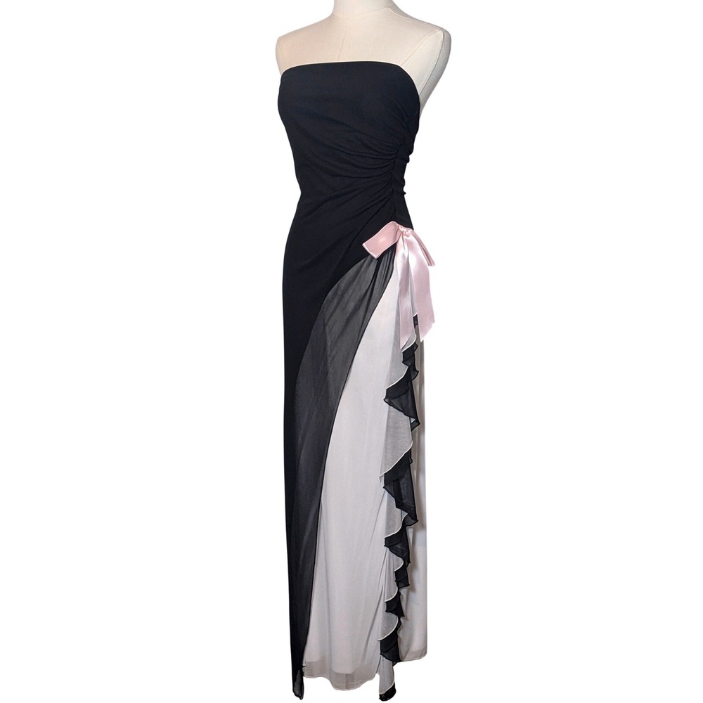 XOXO Vintage Y2K Black White Strapless Asymmetrical Ruffle Gown Pink Satin Bow M